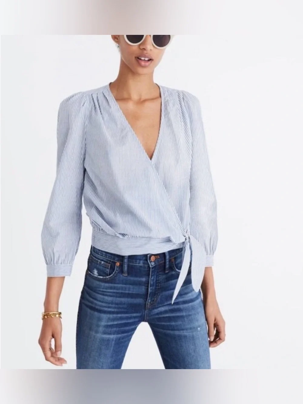 Madewell Blue & White Striped Wrap Blouse with Tie
